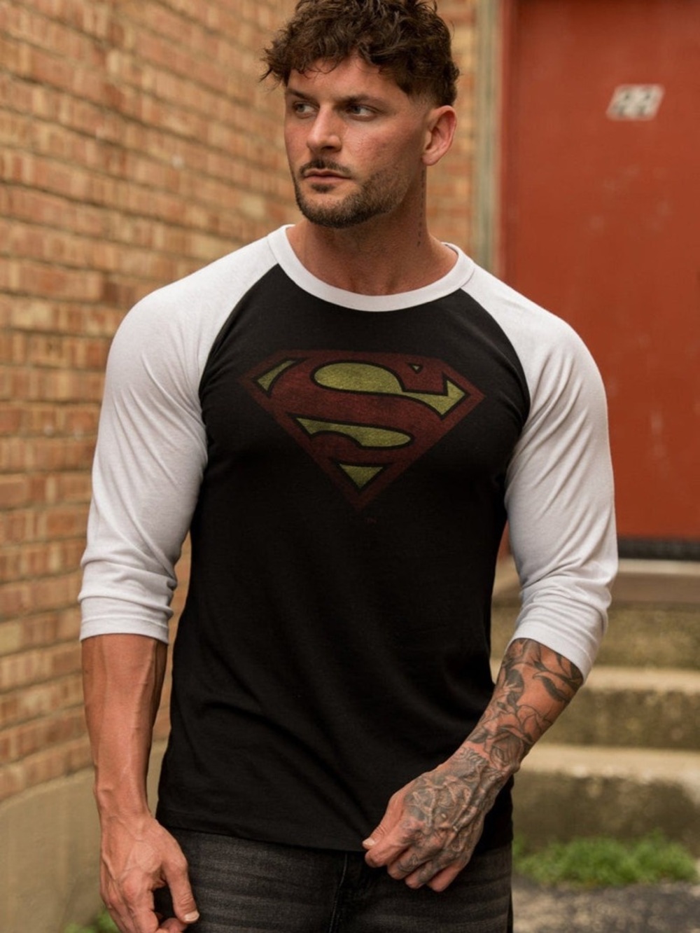 YOUNGLA SUPERMAN 3/4 RAGLAN SHIRTS BLACK/ WHITE